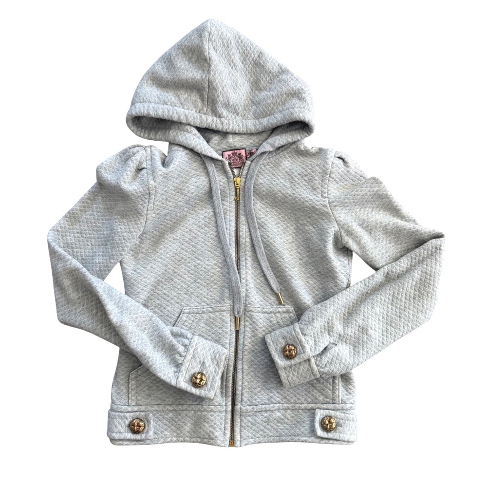 Vintage Juicy Couture Gray Quilted Puff Shoulder Zip Up Hoodie Y2K Size Small - Picture 1 of 13